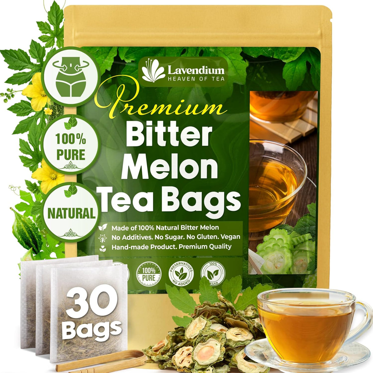 Lavendium Bitter Melon Tea Bags, Caffeine-Free, 30 Count | Pure bitter melon fruit in convenient tea bags; no additives or preservatives, non-GMO, plant-based and vegan.
