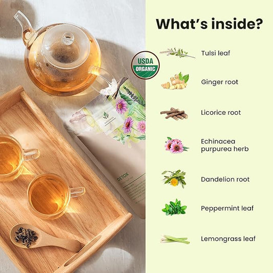 Organic Dandelion Root Detox Loose Leaf Tea, Herbal, Caffeine-Free, KSA Kosher, Ayurvedic with Lemongrass, Peppermint, Echinacea – 4 oz (1 Pack)