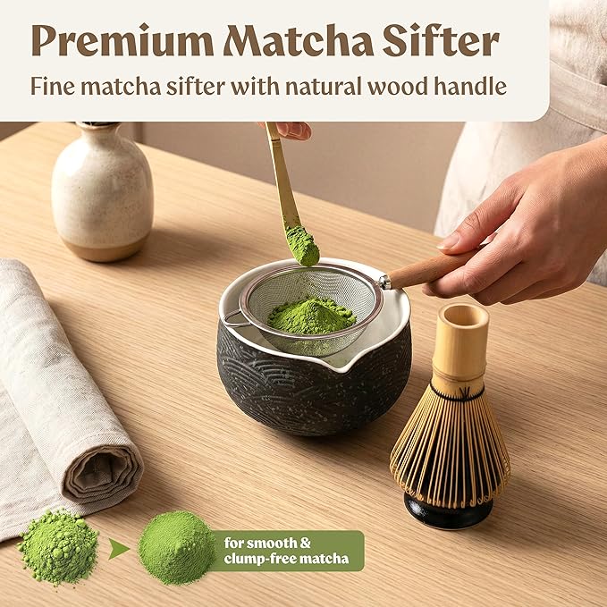 Matcha Kit Whisk Set (7 Pcs) - Complete Matcha Set, Matcha Bowl with with Bowl, Whisk and Holder, Bamboo Spoon/Scoop, Scoop Rester and Sifter incl