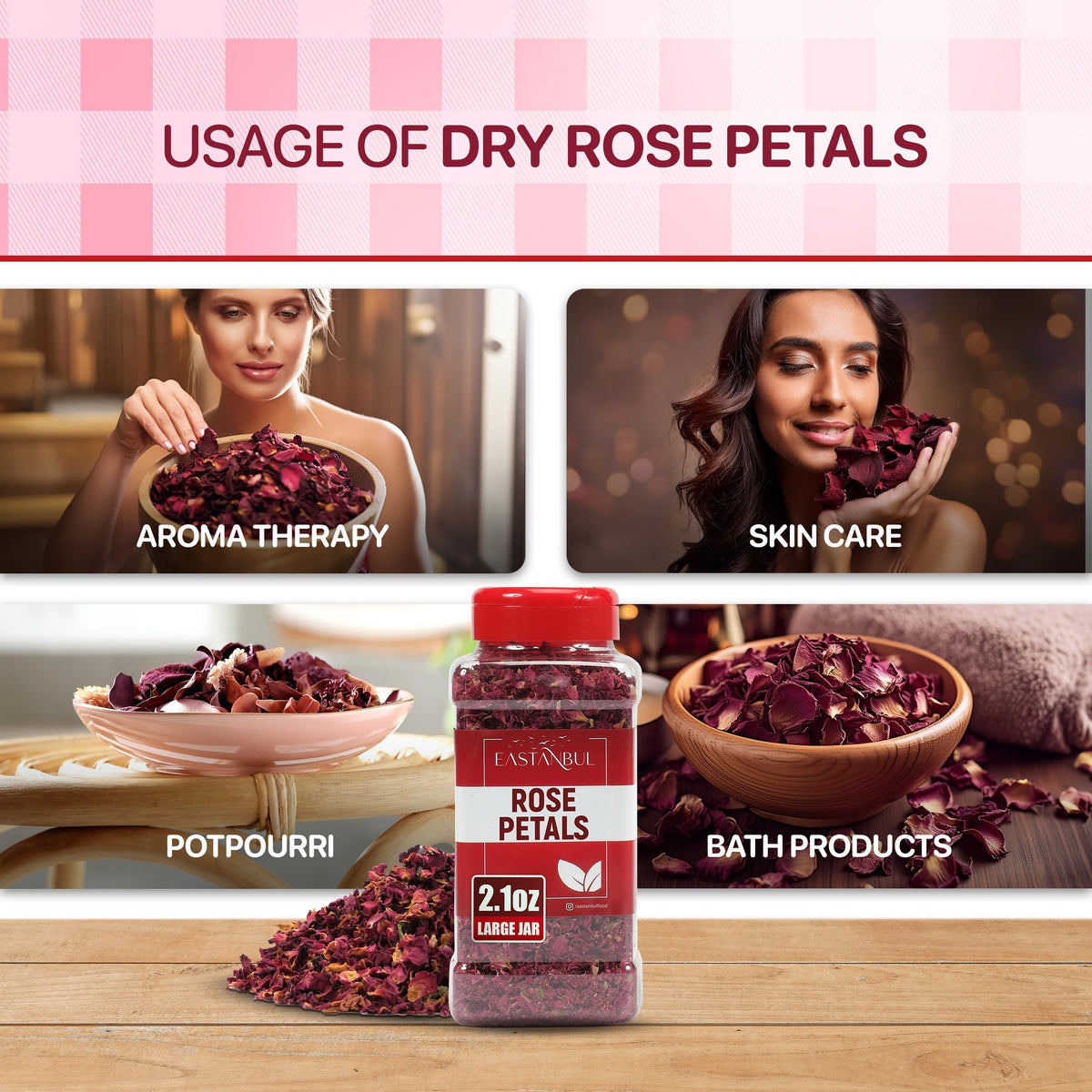 Eastanbul Dried Rose Petals, Edible Rose Petals, Natural, Vegan, 2.1oz