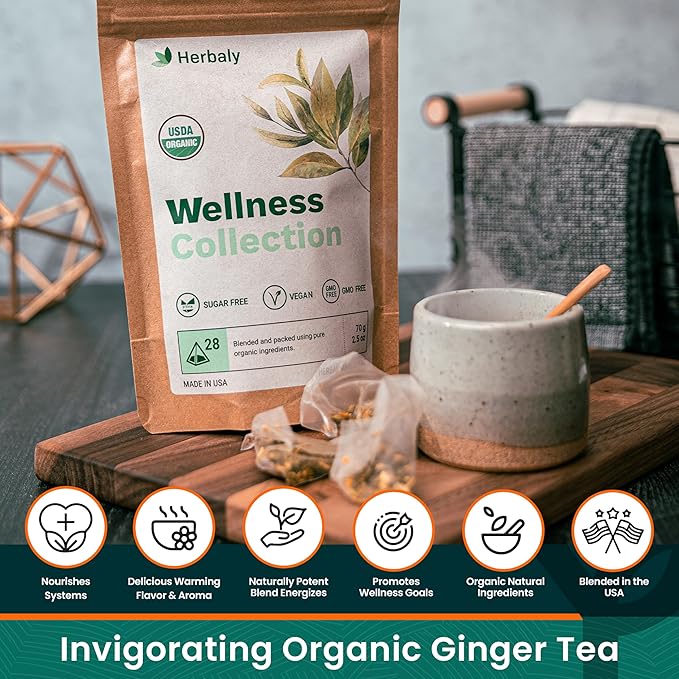 Herbaly Wellness Collection Organic Herbal Ginger Tea, 70 g, 28 Count Bag