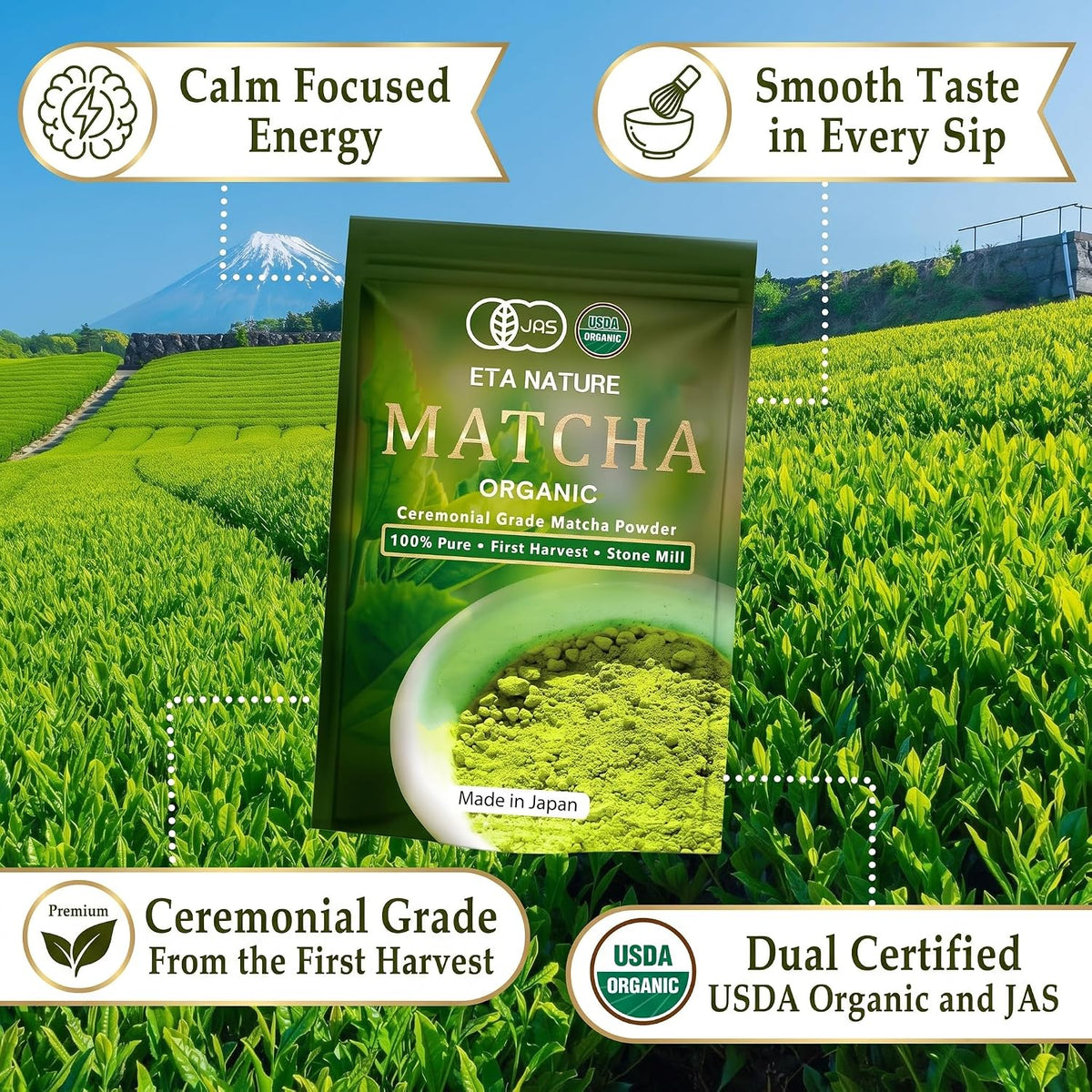 ETANATURE Organic Matcha Powder Ceremonial Grade - Premium Japanese Matcha Green Tea Powder - USDA &amp; JAS Certified, First Harvest from Kagoshima Japan - Tea Drinks, Matcha Latte - 30 Servings (30g)