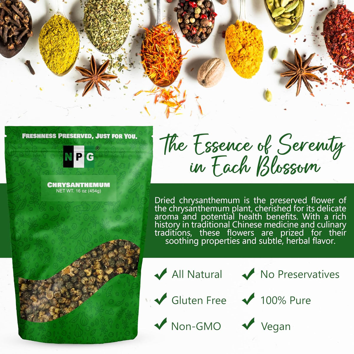 NPG Chrysanthemum Bud Tea 16 oz, Tai Ju Flowers, Juhua Herbal Tea