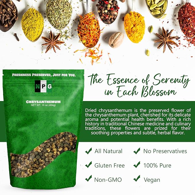 NPG Chrysanthemum Bud Tea 16 Oz, Premium Dried Chinese Tai Ju Flowers, Juhua Herbal Tea, Caffeine-Free, Non-GMO Loose Leaf with Floral Fragrance