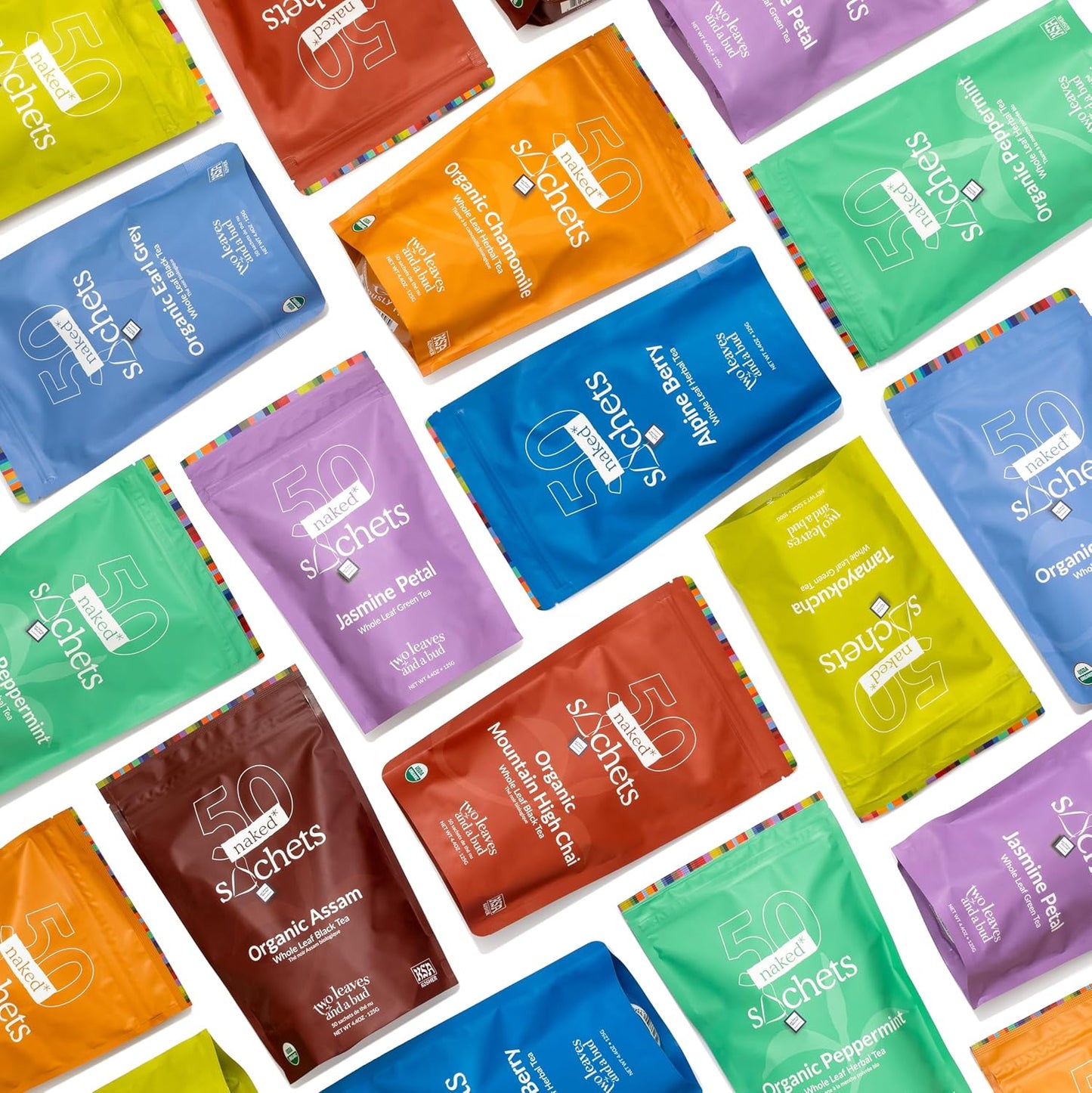 Two Leaves and a Bud Organic Peppermint Naked Tea Sachets, 50 Ct | Naturally Caffeine Free, Whole Leaf Herbal Tea in Unwrapped Pyramid Sachets, Resealable Bag