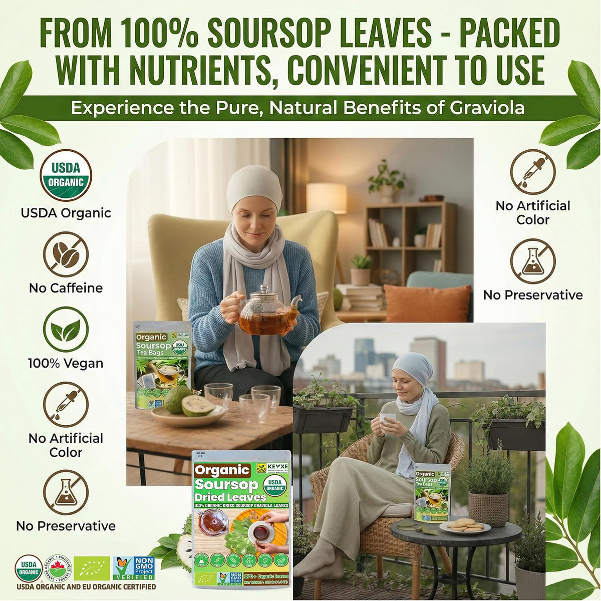270+ USDA Organic Soursop Graviola Dried Leaves, Non GMO, 100% Organic Whole Soursop Leaves, Caffeine Free, Gluten Free, Wildcrafted &amp; Authentic, Hojas de Guanabana, te de graviola , Guanábana Hojas Loose Leaf Herbal Tea