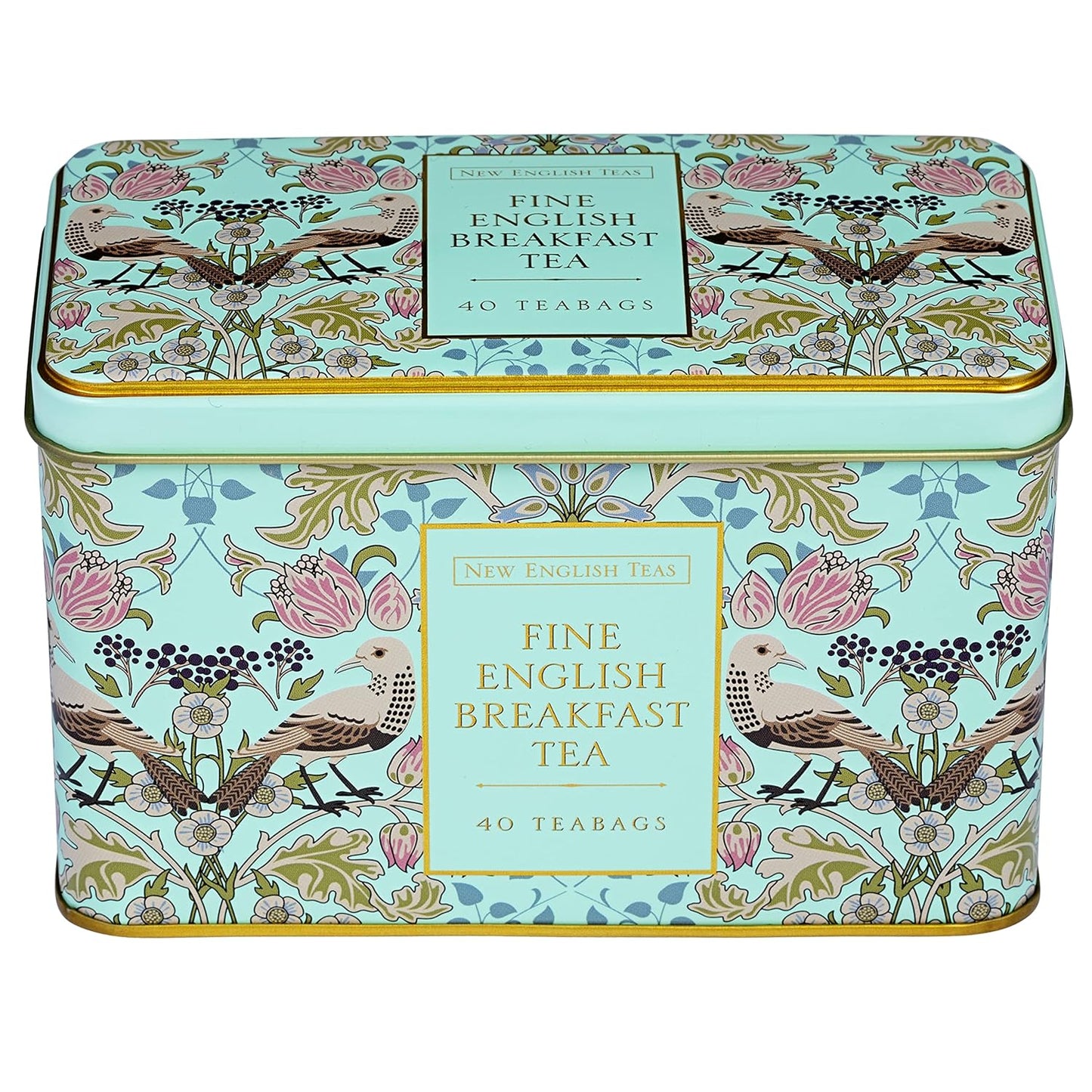 New English Teas Song Thrush and Berries Tea Tin in Green with 40 English Breakfast Teabags