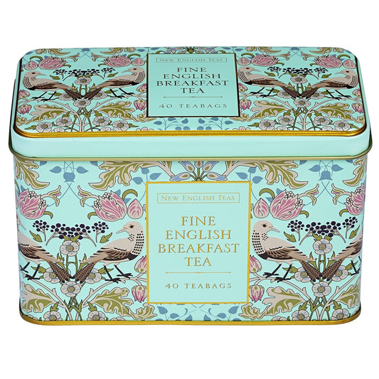 New English Teas Song Thrush and Berries Tea Tin in Green with 40 English Breakfast Teabags