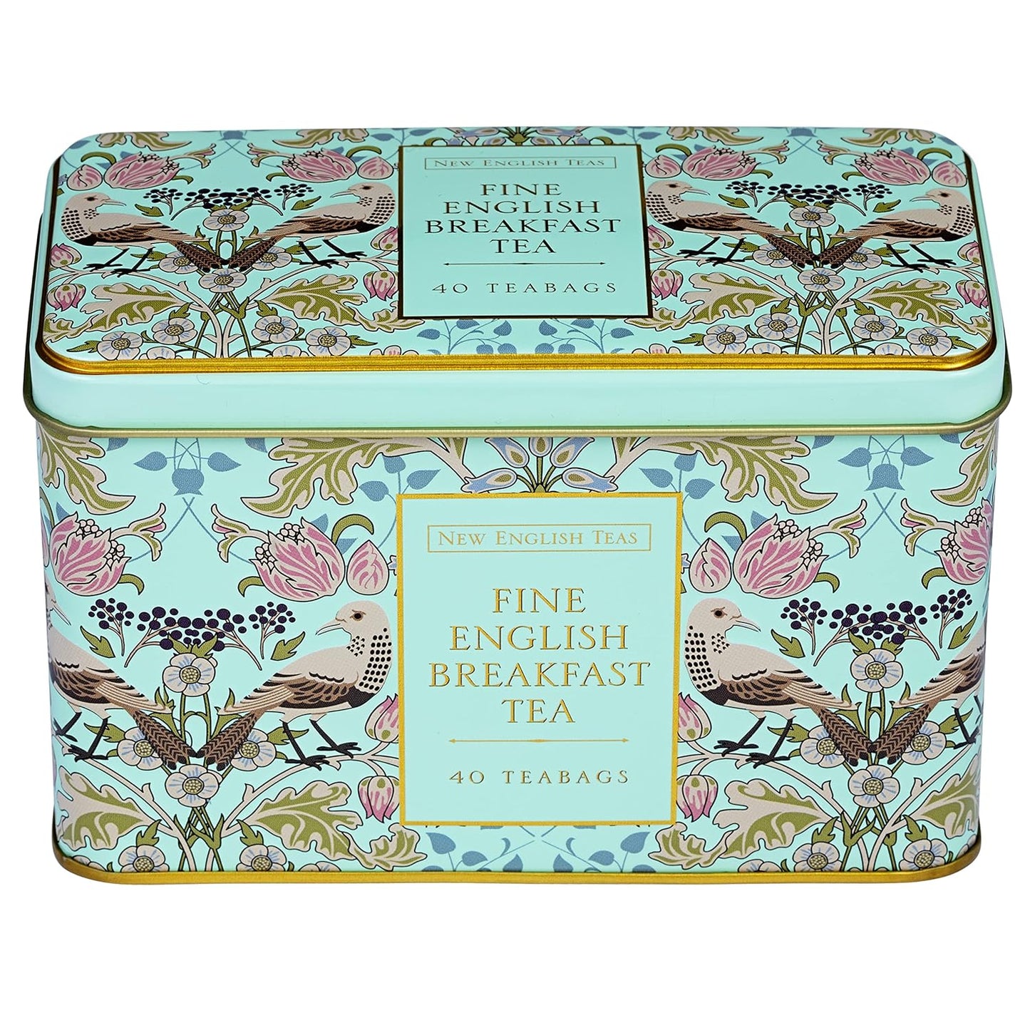 New English Teas Song Thrush and Berries Tea Tin in Green with 40 English Breakfast Teabags