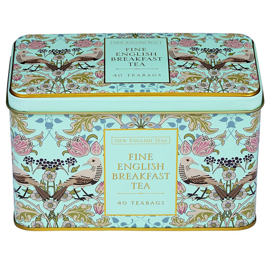 New English Teas Song Thrush and Berries Tea Tin in Green with 40 English Breakfast Teabags