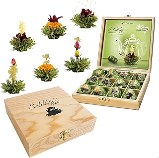 Creano Flowering Abloom Tea - Blooming Gift Set in Stylish Wooden Box, 12pcs