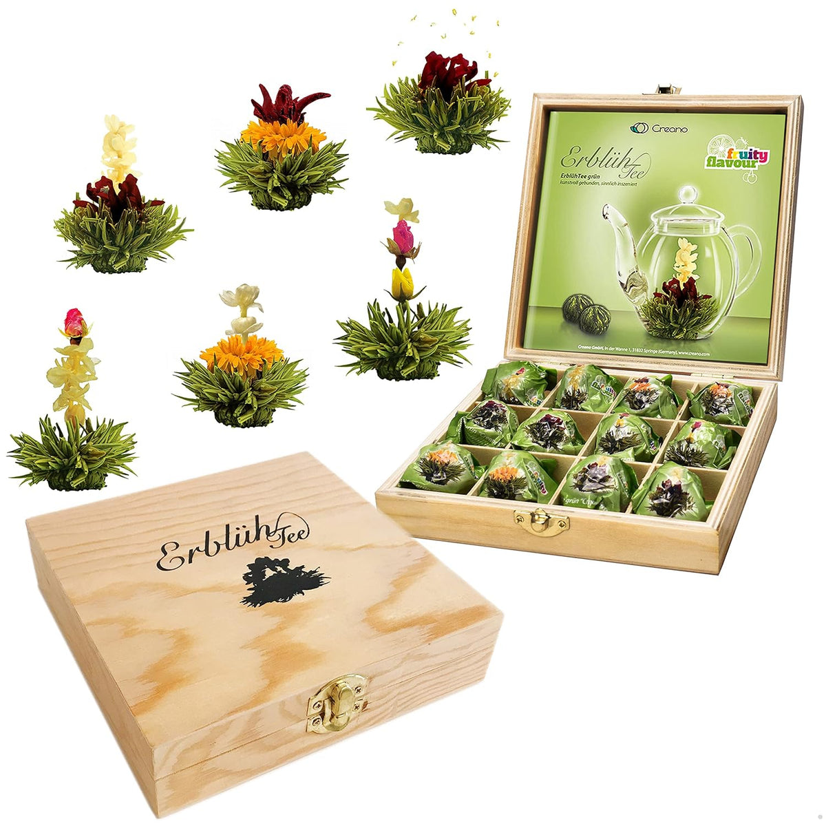 Creano Flowering Abloom Tea - Blooming Gift Set in Stylish Wooden Box, 12pcs
