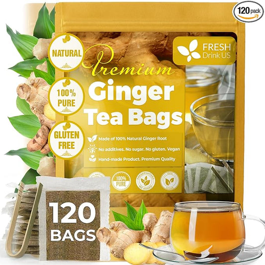 FreshDrinkUS, 120 Ginger Tea Bags, 100% Natural & Pure. Ginger Herbal Tea. No Sugar, No Caffeine, No Gluten, Vegan.