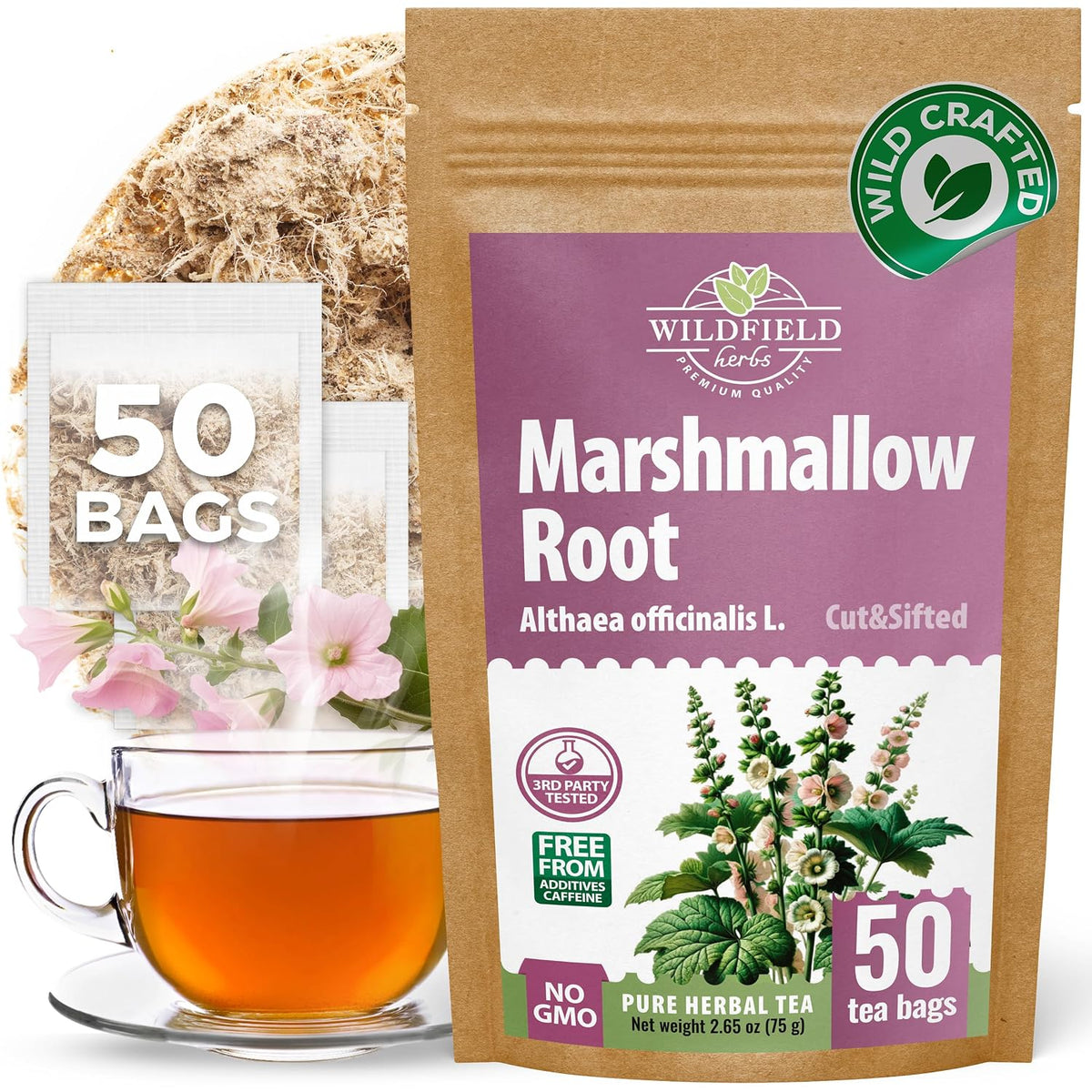 50 Bags Dried Marshmallow Root Tea Marshmallow Root Herb Herbal Tea (Althaea Officinalis) - 50 Count Bags Cut Sifted Herb