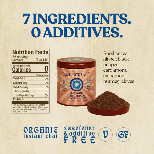 Blue Lotus Chai - Rooibos Flavor Masala Chai - Makes 65 Cups - 2 Ounce Masala Spiced Chai Powder with Organic Spices