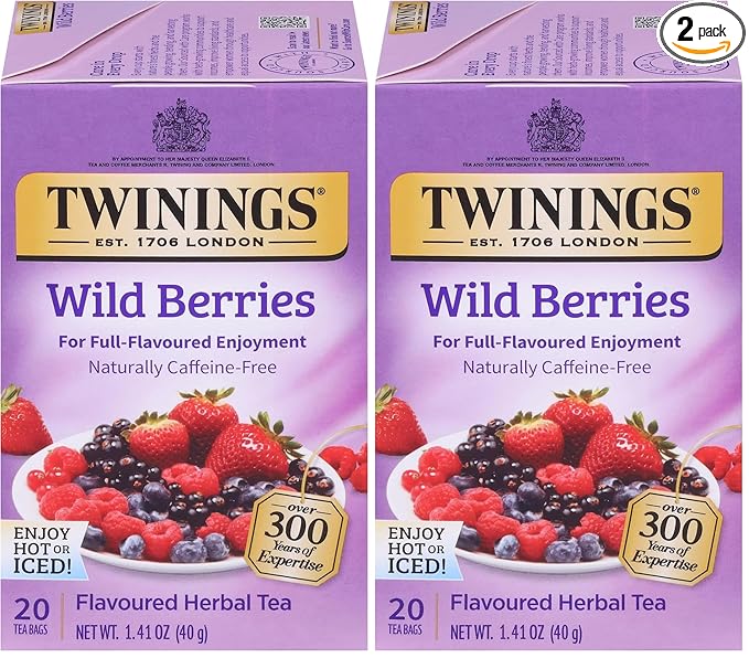 Twinings Wild Berries Herbal Tea Individually Wrapped Bags, 20 Count (Pack of 2), Full-Flavoured, Naturally Caffeine-Free, Enjoy Hot or Iced