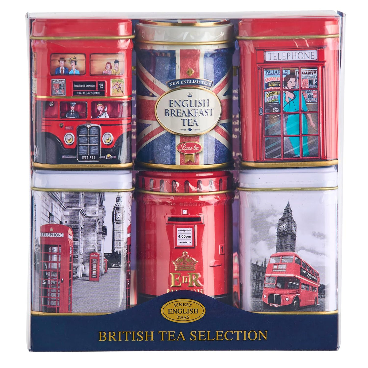 New English Teas British Icons 6x Tea Tin Gift Pack with 140g Loose English Tea - Union Jack