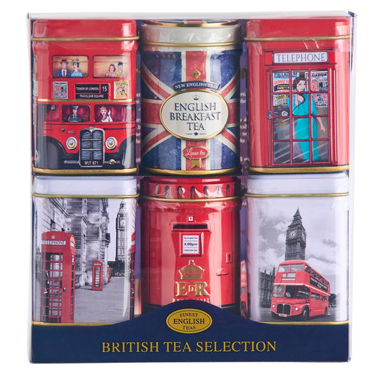 New English Teas British Icons 6x Tea Tin Gift Pack with 140g Loose English Tea - Union Jack, London Bus and Phone Box, UK Souvenir