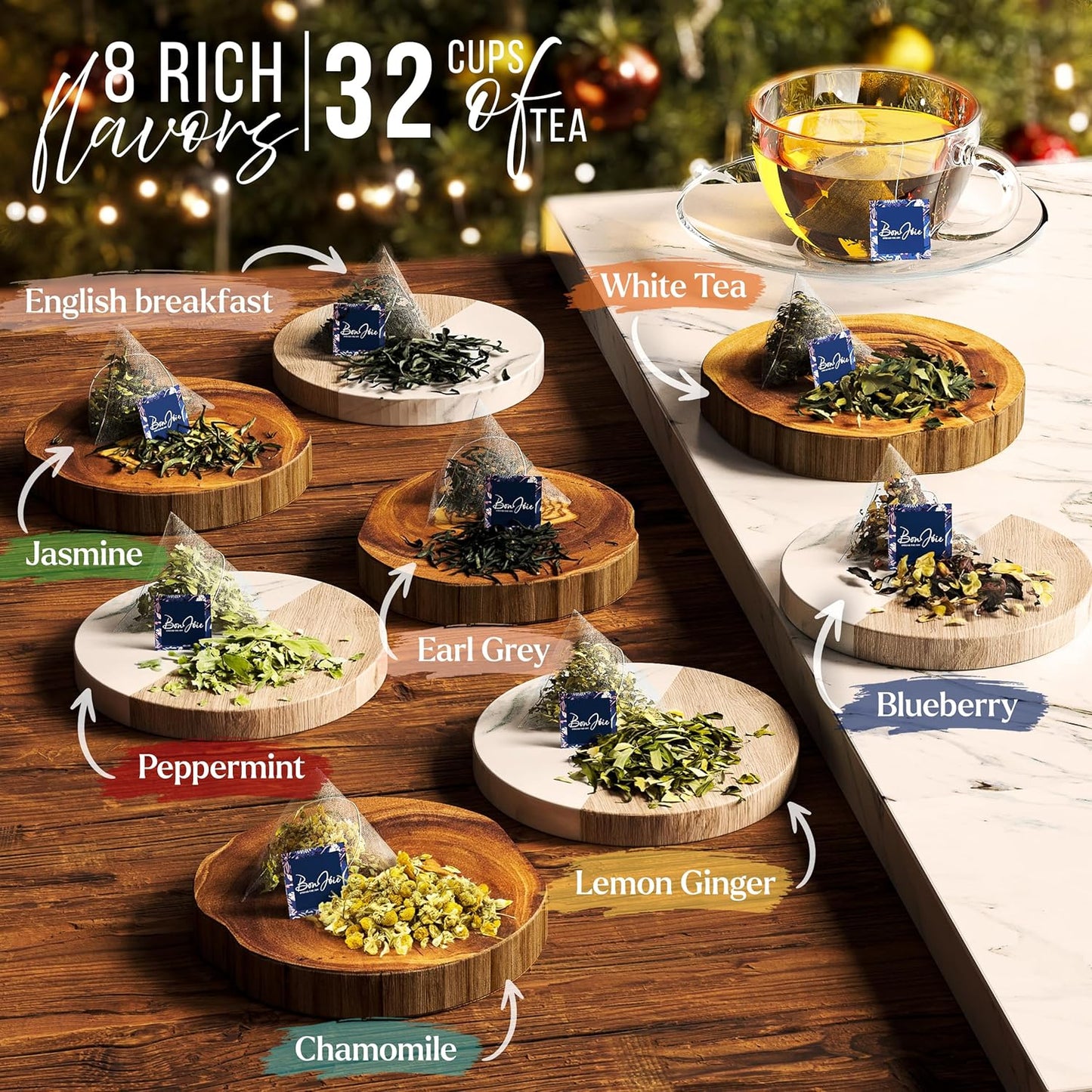 Tea Gift Set For Women - Tea Sampler Gift Set Box Variety Pack - Includes 32 Loose Leaf Tea Bags in 8 Rich Flavors - Holiday Gift for Women