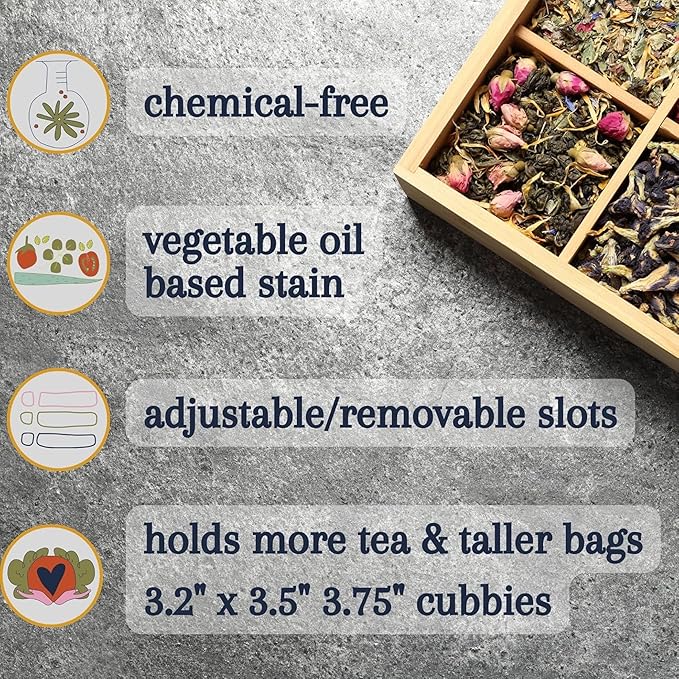 Bamboo Tea Organizer Box Chemical Free Big, Tall, Adjustable Cubbies Natural Wooden Storage Chest (4-Slot Square 7.4" x 8.1" x 4.2" Blank)