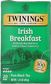 Twinings Irish Breakfast Tea, Robust and Flavourful Caffeinated Black Tea Bags Individually Wrapped, 20 Count