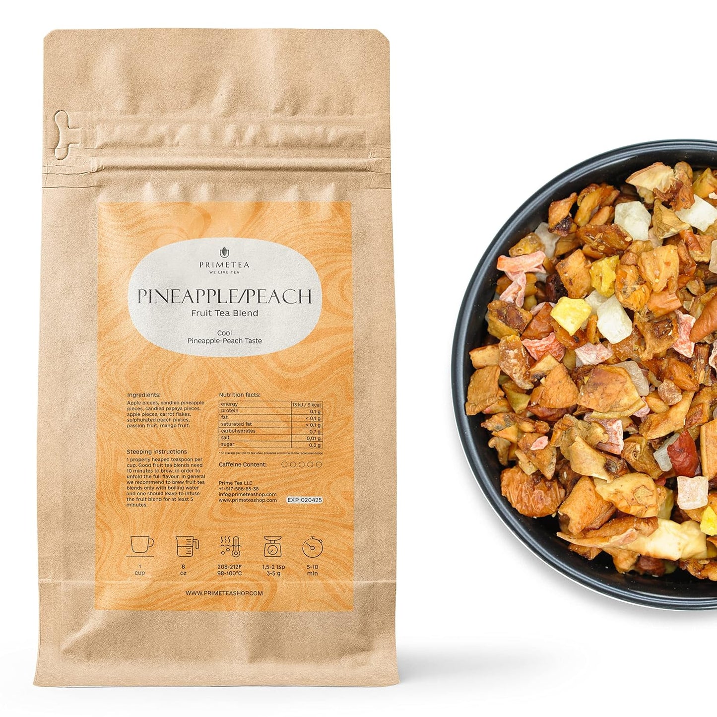 Prime Tea Pineapple-Peach - Exquisite Fruit Tisane, Premium Organic Loose Leaf, Delicious Herbal Tea Mix, Natural &amp; Vegan, Caffeine-Free, Perfect for Hot &amp; Iced Tea Enjoyment - 8 Ounce