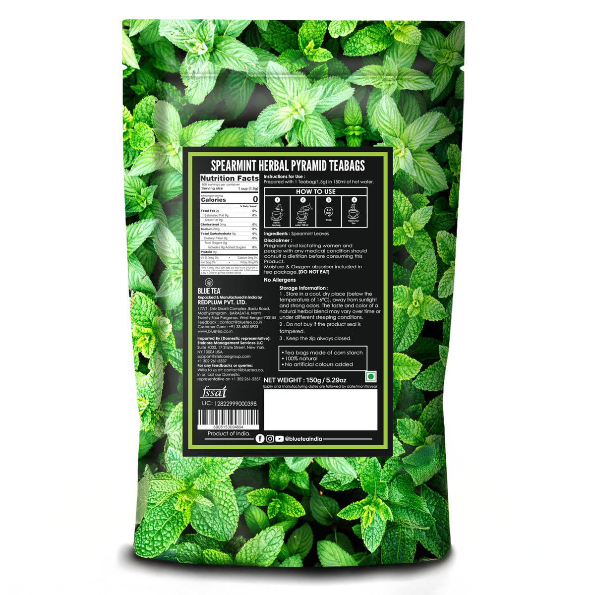 BLUE TEA - Spearmint Tea - 100 Count - Pyramid Plant Based Tea Bag | PCOS RELIEF | Balances Hormones - Support Digestion