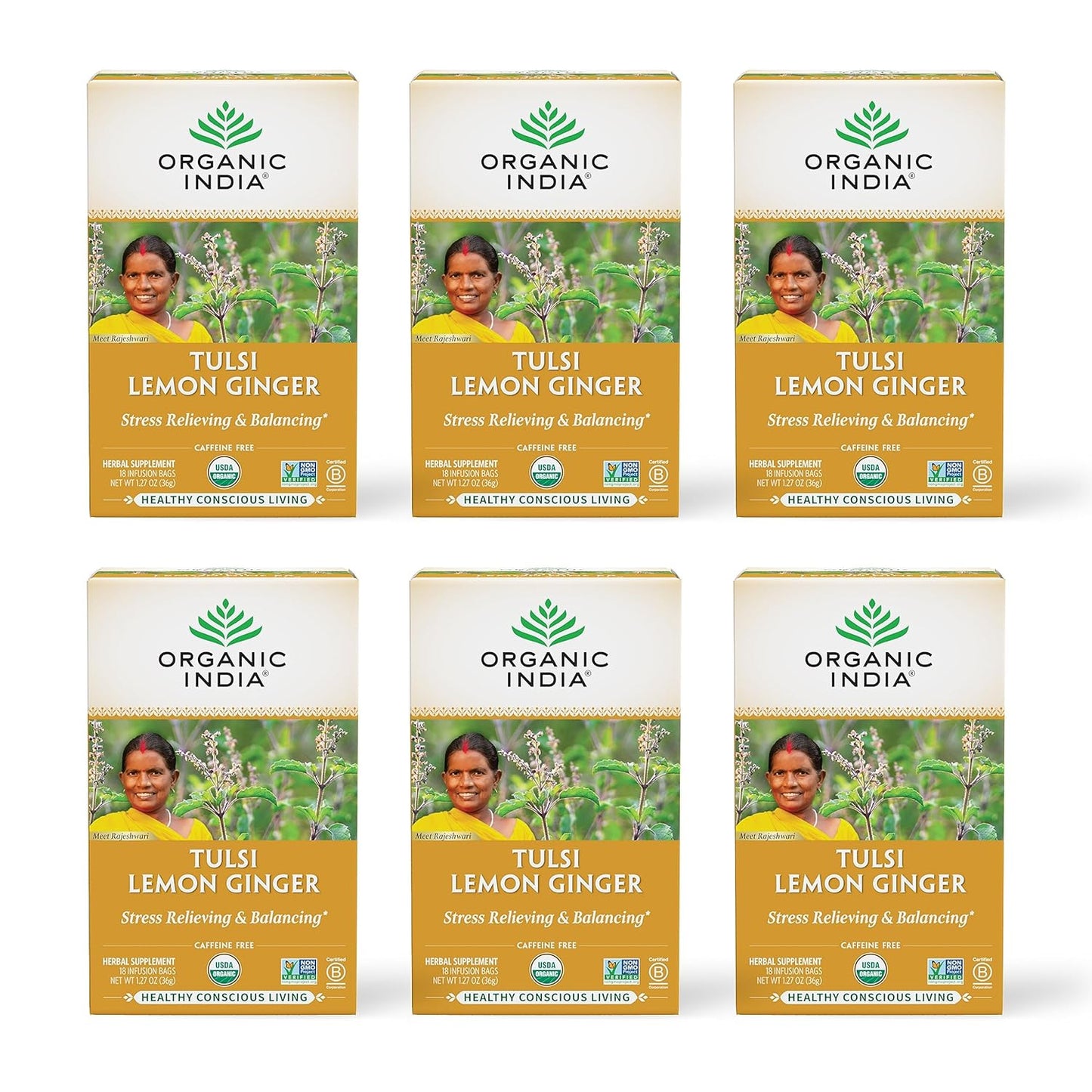Organic India Tulsi Lemon Ginger Tea Bags - Herbal Tea, Stress Relieving &amp; Reviving, Immune Support, Aids Digestion, Vegan, USDA Certified Organic, Non-GMO, Caffeine-Free - 18 Infusion Bags, 6 Pack