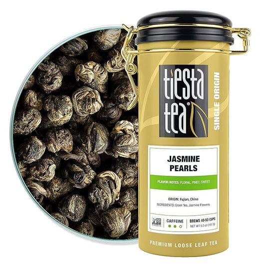 Tiesta Tea - Jasmine Pearls Green Tea, Loose Leaf, Single Origin Premium Jasmine from China, Medium Caffeinated, Makes Hot or Iced & Up to 50 Cups, 100% Pure Unblended, 5oz Refillable Tin