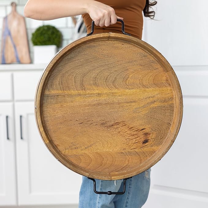 20" Extra Large Round Ottoman Tray, Heavy Duty Mango Wood, for Serving Tea, Breakfast in Bed