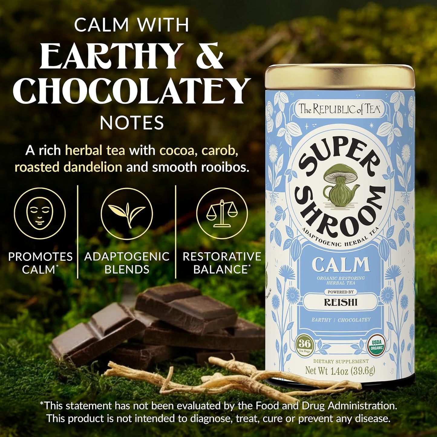 The Republic of Tea SuperShroom Organic Calm Herbal Tea, 36 Count | Caffeine Free. Suitable for day or evening sipping. Notes of cocoa, roasted root and earthy mushroom.