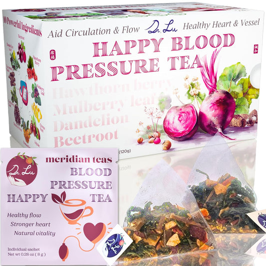 Dr. Lu’s Happy Blood Pressure Tea | 100% Natural Heart Functional Tea for Blood Pressure Support | Beetroot, Hawthorn Berry, Mulberry Leaf, Dandelion 10 Super Herbs in Corn Fiber Pyramid Bags
