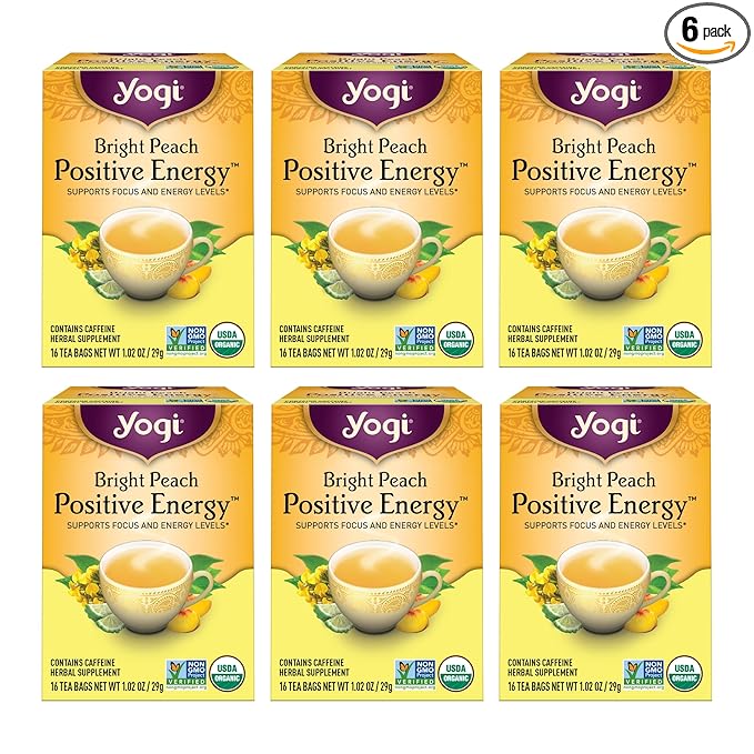 Yogi Tea Bright Peach Positive Energy Tea - 16 Tea Bags per Pack (6 Packs) - Organic Tea to Support Focus & Energy - Includes Oolong Tea Leaf, White Hibiscus Flower, Rose Hips & More