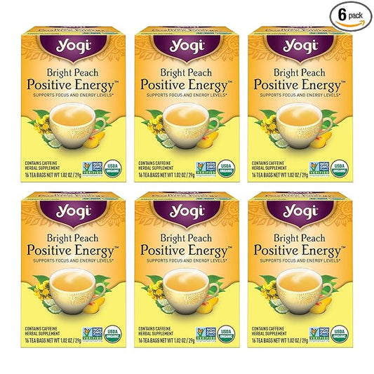 Yogi Tea Bright Peach Positive Energy Tea - 16 Tea Bags per Pack (6 Packs) - Organic Tea to Support Focus & Energy - Includes Oolong Tea Leaf, White Hibiscus Flower, Rose Hips & More