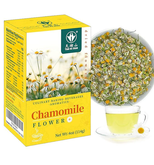 Tian HU Shan Chamomile Flowers Herbal Tea, Chamomile Tea Loose Leaf, Sugar Free Caffeine Free, Natural Clean without Impurities, Vegan 4 Ounce