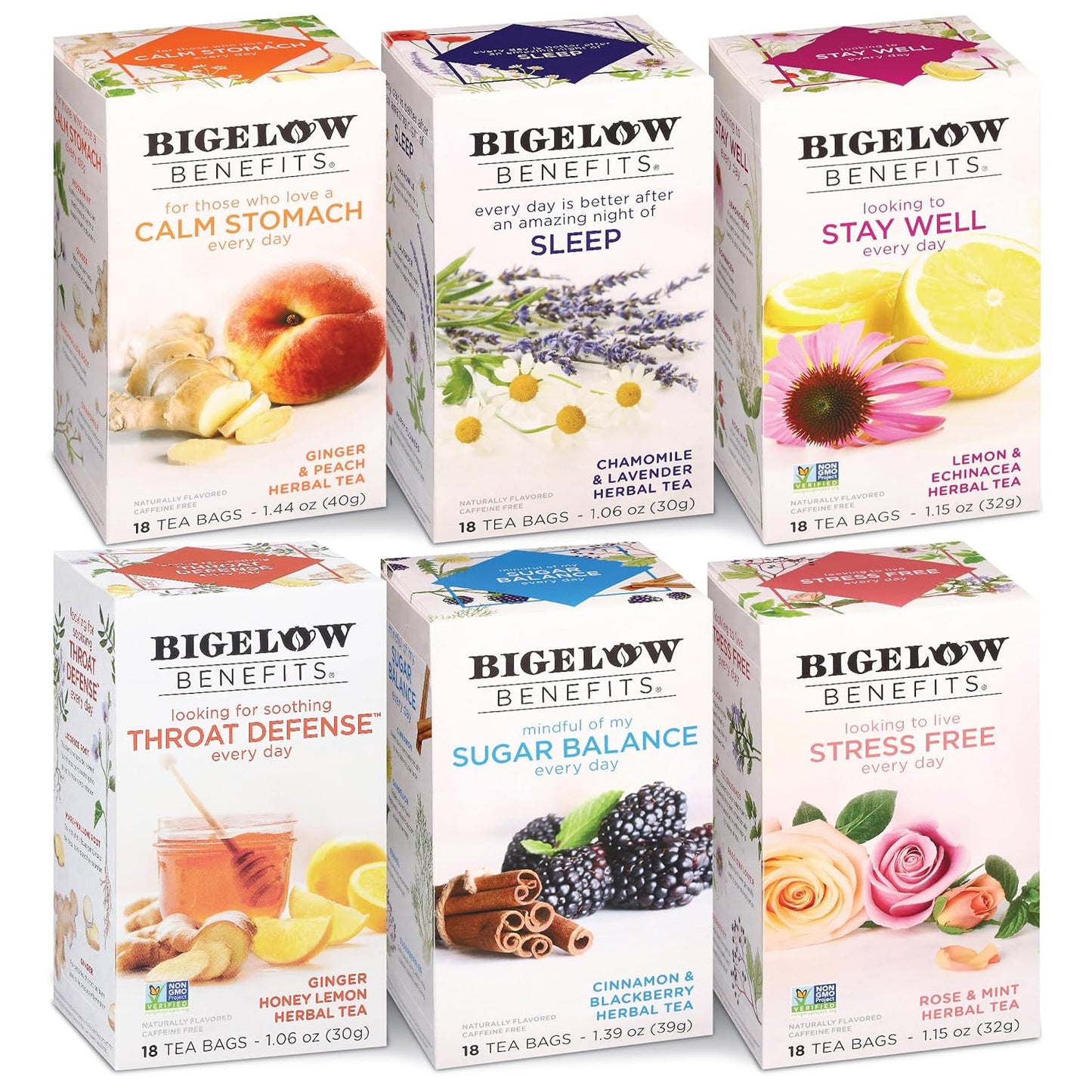 Bigelow Benefits Wellness Teas Variety Pack, Mixed Caffeinated Green Matcha & Caffeine-Free Herbal Tea, 18 Count (Pack of 6), 108 Total Tea Bags