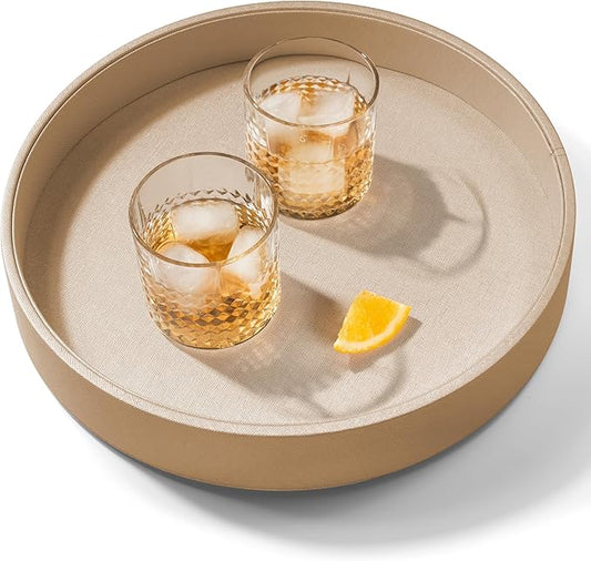 12.6 Inch Round Serving Tray, Home Decorative LeatherOttoman Wooden Decor Platter Bathroom Vanity Tray for All Occasions Anti Slip Khaki