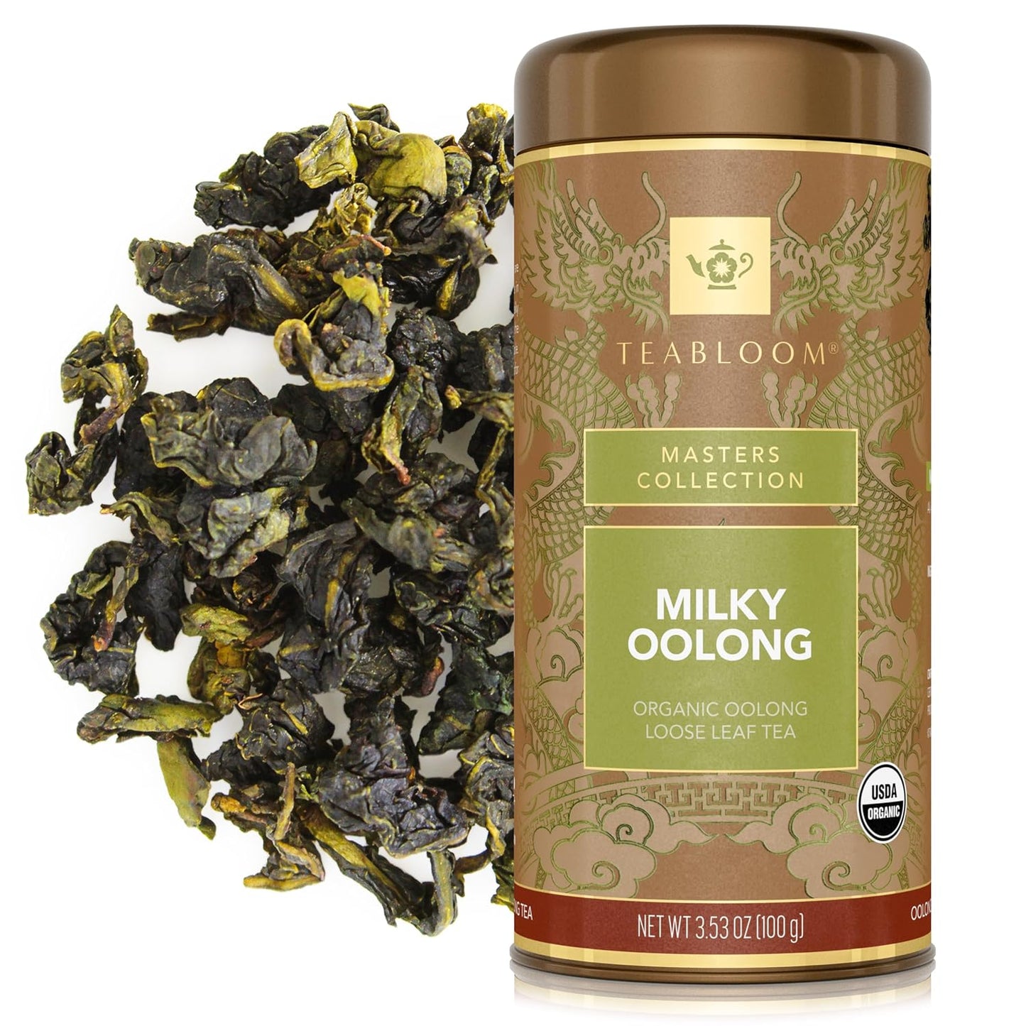 Teabloom Organic Oolong Tea, Milky Oolong Loose Leaf Tea, Rolled Leaves Famous for its Milky Taste and Silky Texture, 3.53 oz/100 g Canister Makes 35-50 Cups