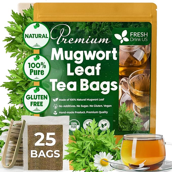 FreshDrinkUS, Premium 25 Mugwort Leaf Tea Bags, 100% Natural and Pure Mugwort Leaves. Loose Leaf Herbal Tea. No Sugar, No Caffeine, No Gluten, Vegan