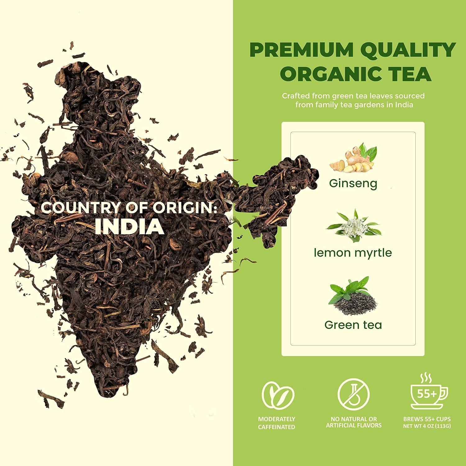Gardenika Organic Green Loose Leaf Tea with Tulsi, Cloves and Cinnamon – Kosher, No Natural or Artificial Flavors – 4 oz (Ginseng Green)