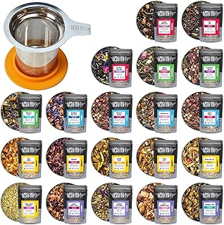 Tiesta Tea - Discovery Tea Sampler Dry Flight Set and Brewbasket Infuser Bundle, 20 Sample Pouches with Green, Herbal, Black & Chai Tea, 5oz Reusable Stainless Steel Strainer Brewbasket