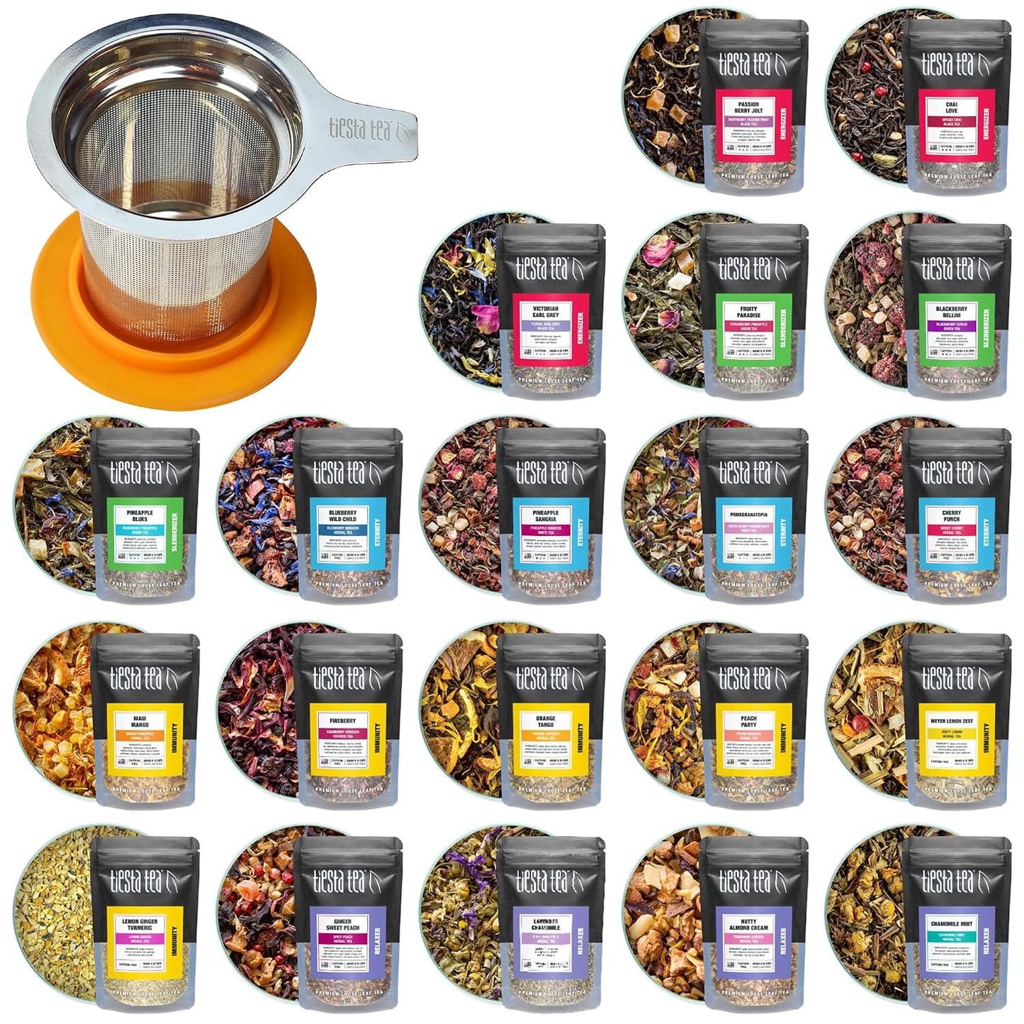 Tiesta Tea - Discovery Tea Sampler Dry Flight Set and Brewbasket Infuser Bundle, 20 Sample Pouches with Green, Herbal, Black &amp; Chai Tea, 5oz Reusable Stainless Steel Strainer Brewbasket