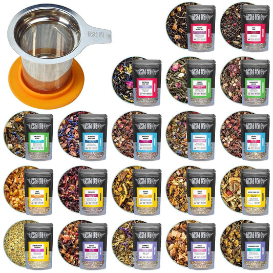 Tiesta Tea - Discovery Tea Sampler Dry Flight Set and Brewbasket Infuser Bundle, 20 Sample Pouches with Green, Herbal, Black &amp; Chai Tea, 5oz Reusable Stainless Steel Strainer Brewbasket