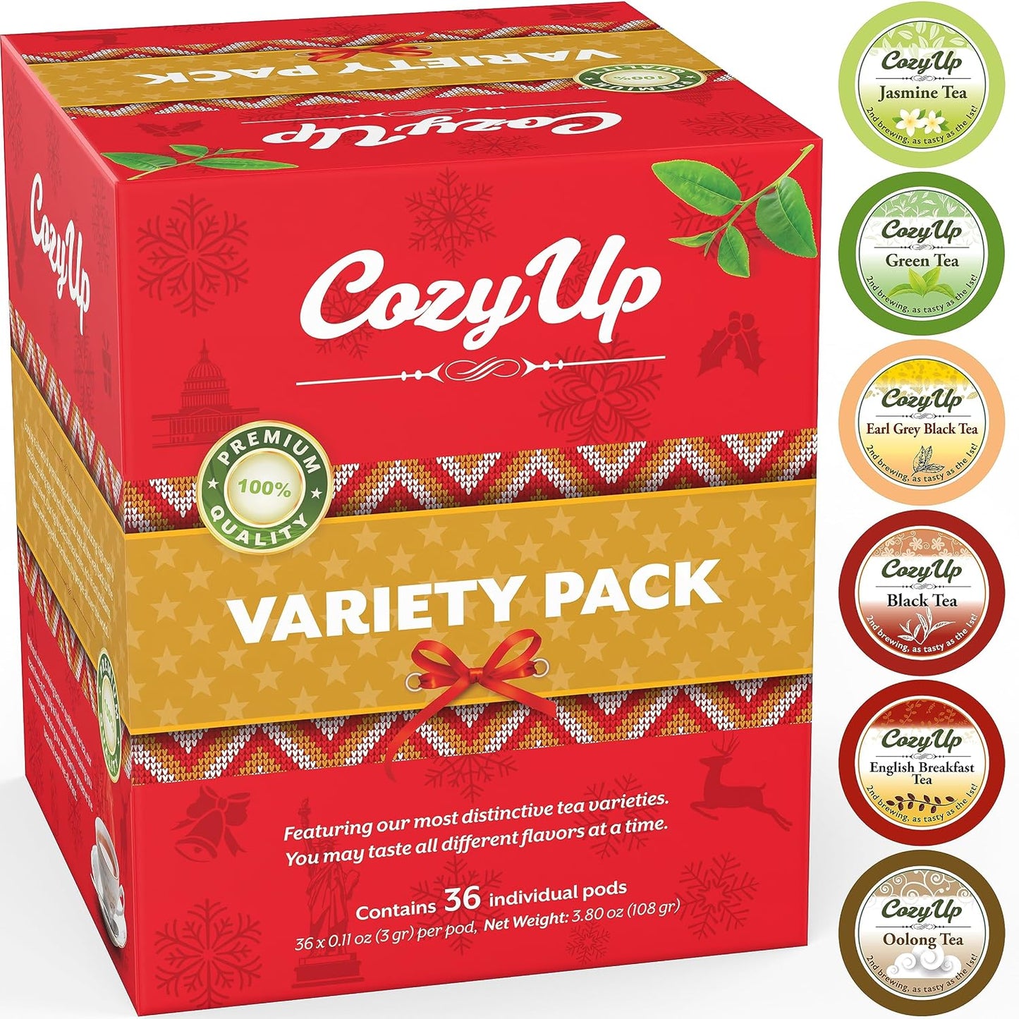 Cozy Up 36-Count 6 Flavors Variety Tea Pod, Compatible with Keurig Brewer | Including Green, Black, Jasmine, Earl Grey