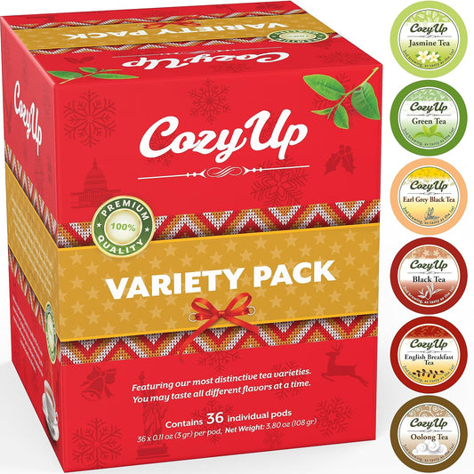 Cozy Up 36-Count 6 Flavors Variety Tea Pod, Compatible with Keurig Brewer | Including Green, Black, Jasmine, Earl Grey