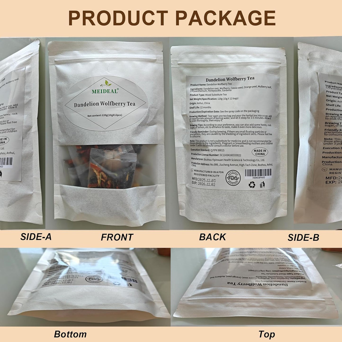 Dandelion Wolfberry Tea, 8 Natural Herbal Ingredients, Dandelion Teabag Organic, Natural Chinese Wolfberry Tea Bags, Chrysanthemunn Cassia Seed (1 Bag 12 Pcs)
