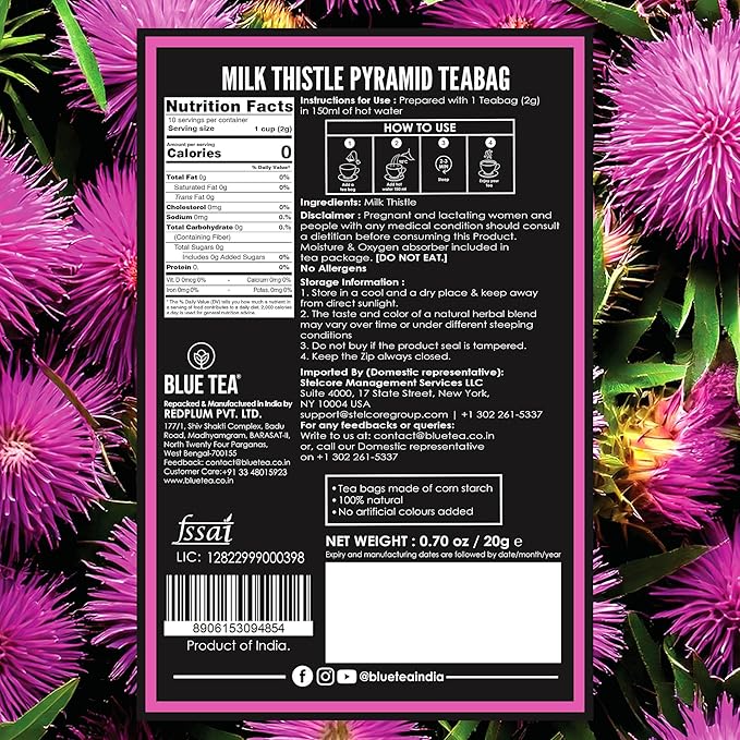 Blue TEA - Milk Thistle Tea - 10 Count - Pyramid Plant Based Tea Bag, Liver Cleaning and Immune Support, Milk Thistle Seeds - Caffeine Free