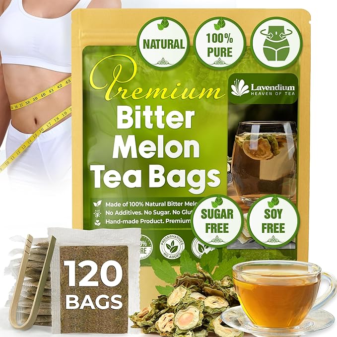 Lavendium, Premium 120 Tea Bags Bitter Melon Fruit Herbal Tea, 100% Natural and Pure, Hand-made, Made With Natural Materials-Corn Fiber Tea Bag, Sugar Free. Caffeine Free. Gluten Free. Vegan