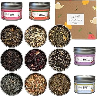 Heavenly Tea Leaves Organic Assorted 9 Loose Leaf Tea Gift Box (Approx. 90 Cups of Tea) - Sampler Set of 9 Teas & Herbal Tisanes, Great Hot or Iced, High to No Caffeine