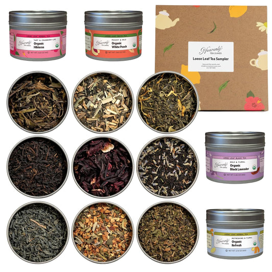 Heavenly Tea Leaves Organic Assorted 9 Loose Leaf Tea Gift Box (Approx. 90 Cups of Tea) - Sampler Set of 9 Teas & Herbal Tisanes, Great Hot or Iced